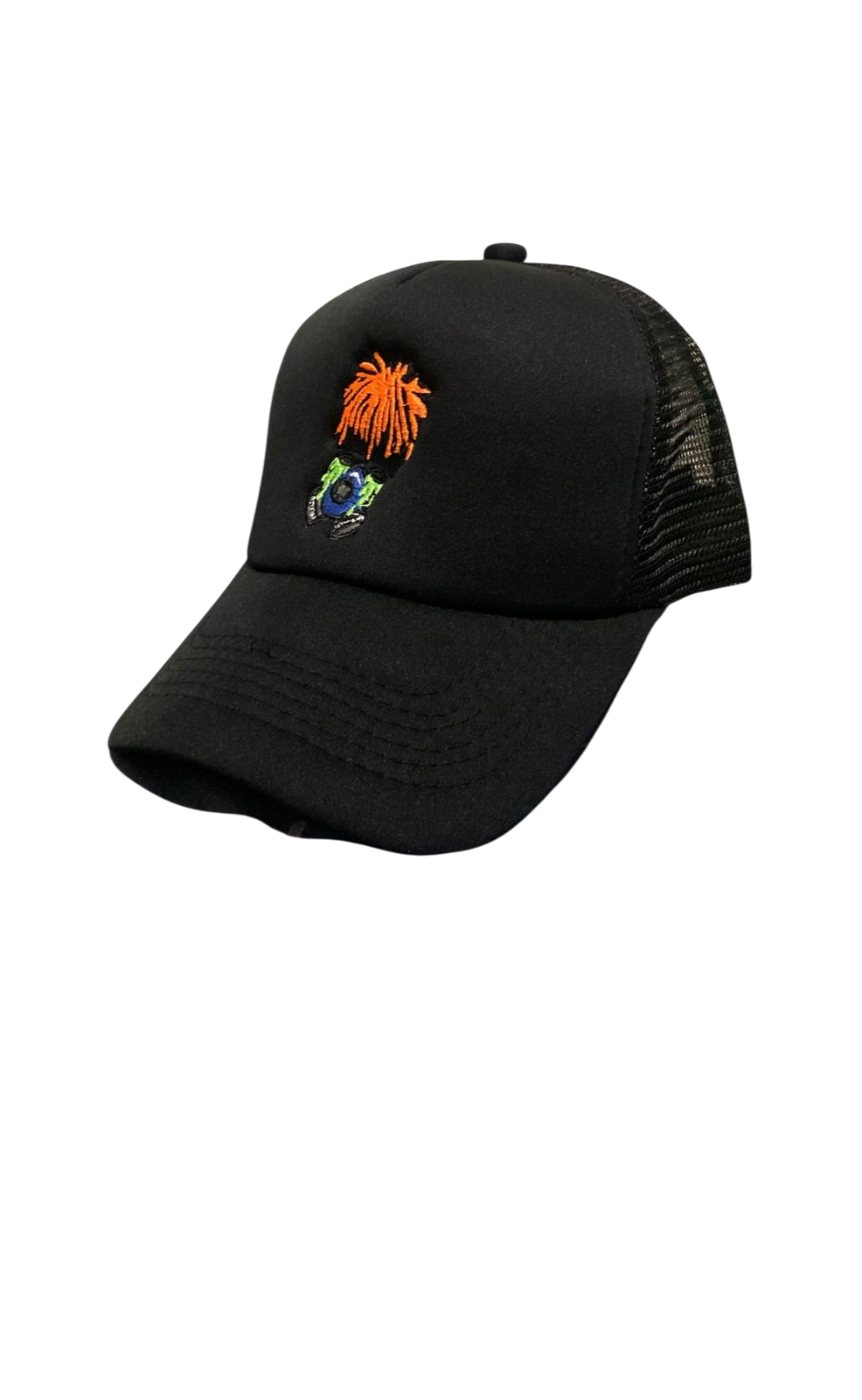 All-black trucker cap with embroidered orange-haired character on the front panel.