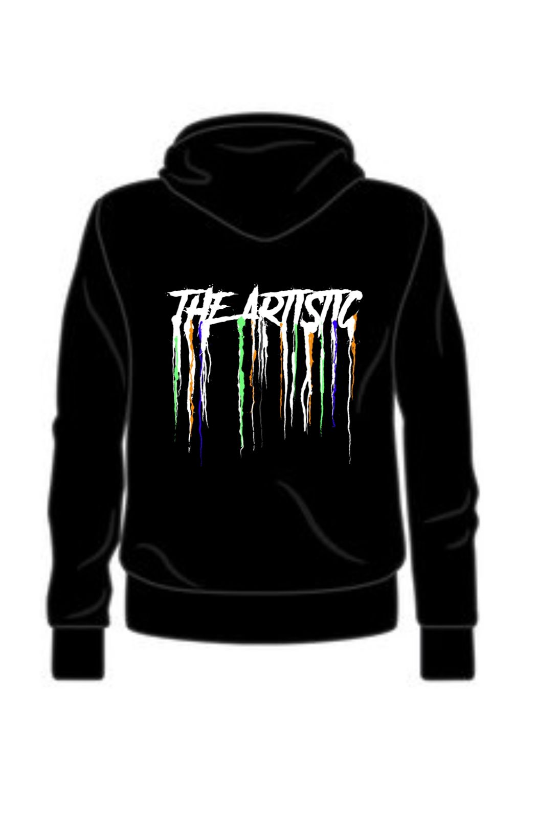 Back of a black pullover hoodie with a large distressed white THE ARTISTIC logo across the upper back, dripping into orange, green, purple and white paint streaks.