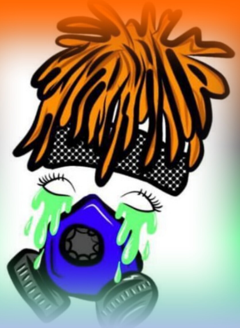 The Artistic mascot — orange dreadlocks, checkered band, blue gas mask, green tears.